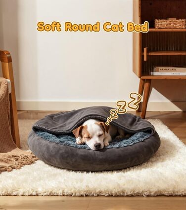 Кругла лежанка для собак та котів з капюшоном, розмір M, сіра, 60 x 60 x 19 см, м'яка, з антиковзною основою, самонагріваюча, для заспокоєння, миється