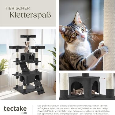 Велика когтеточка для котів tectake, з 2 будиночками, 4 іграшками-мишками, 2 драбинками, стовпчики з сизалю, настінне кріплення, чорна