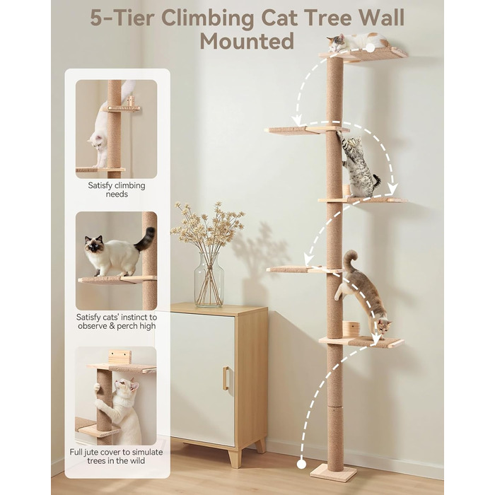 Кігтеточка PawGiant з 5 ярусів, кріпиться до стіни, 213 см, з сизалю, платформами, для котів середніх розмірів