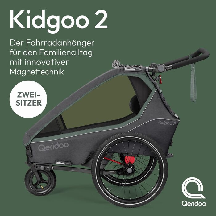 Qeridoo Kidgoo 2: Причіп для велосипеда на 2 дітей з підвіскою та ARS, коляска-візок, дитячий велопричіп, вантажний відсік 45L, Ivy Green