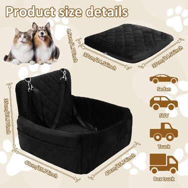 Автокрісло для собак: чорне, 40x40x35 см, для маленьких та середніх порід, з 2 ременями кріплення