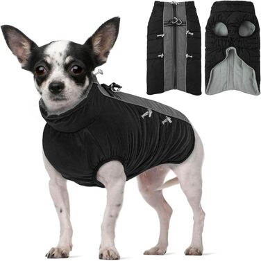 Водонепроникний зимовий одяг для собак, тепла куртка для собак з отвором для шлейки, для малих, середніх та великих собак, з відбиваючими смугами та блискавкою - чорний, XS