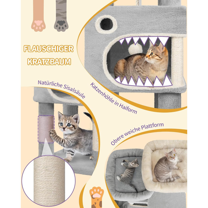 Драбина-кіготь Hzuaneri для котів, 159 см, 8 стовпчиків, 3 платформи, 2 хованки, кошик, плюшеві кульки, мотузка з сизалю, підходить для котів різних розмірів, сірий MS15918LG L (50 x 40 x 159 см)