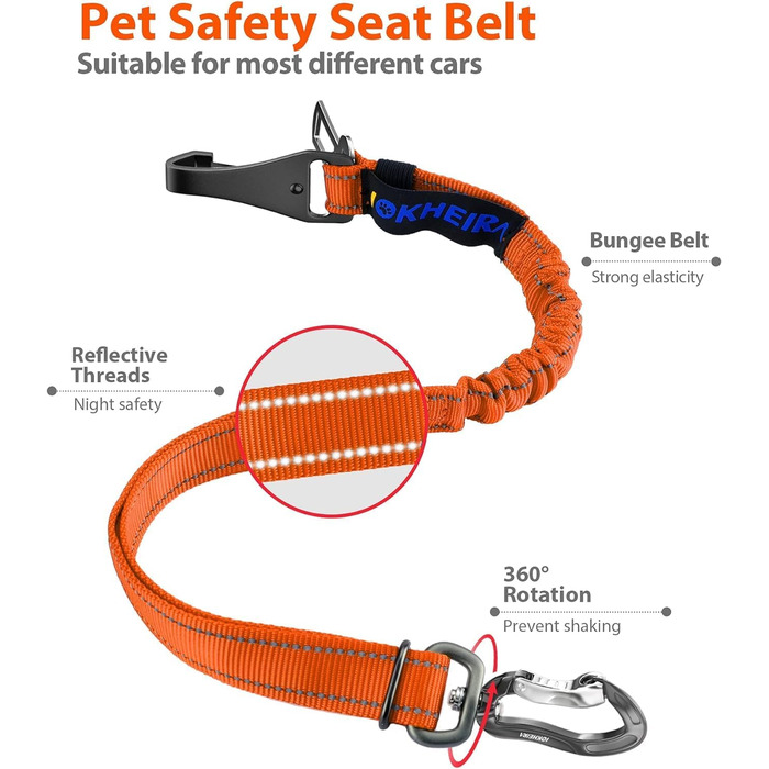 Ремінь безпеки для собак IOKHEIRA, регульований, для автомобіля, універсальний з'єднувач, оранжевий