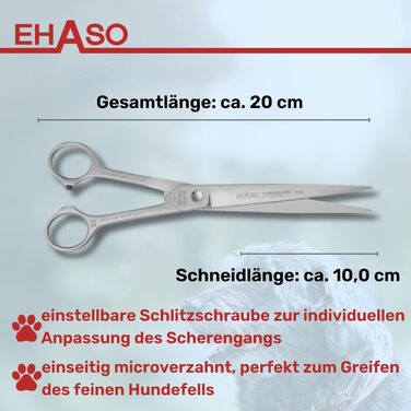 Професійна пряма ножиця для собак та котів EHASO, 20 см, матова, з порожнистим лезом - для довгої та короткої шерсті