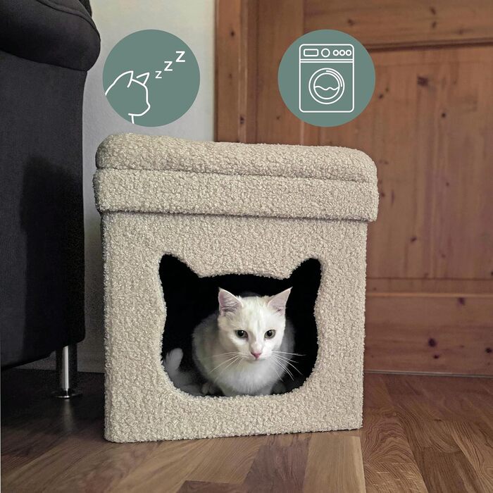 Квітковий будиночок для котів PAWY з подушкою, розкладне ліжко для котів з Bouclé тканини, знімний дах, 40x40x44 см, Бежевий, кутовий / 44 x 40 x 40 см Бежевий