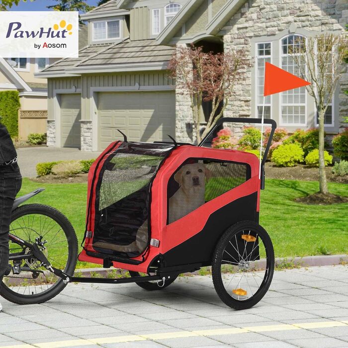 PawHut Причіп для собак 2-в-1, велосипедний причіп для собак, візок для собак з відбивачами, максимальне навантаження 30 кг, для великих собак, матеріал Оксфорд, червоний