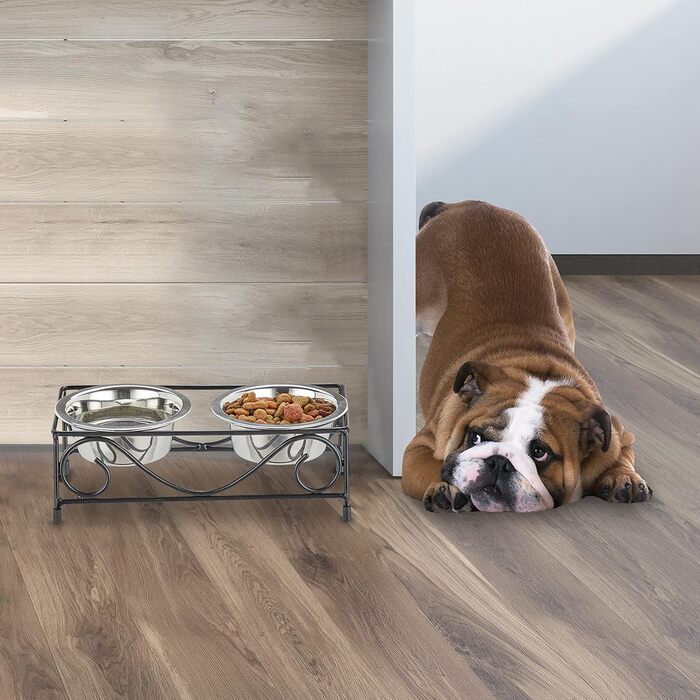 Набір мисок для собак Relaxdays з підставкою, 2 миски з нержавіючої сталі по 300 мл, чорний/сріблястий, для корму та води