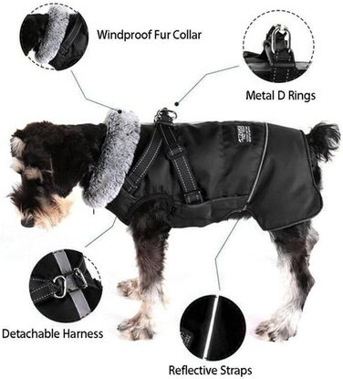 Зимові куртки для собак, жилети для собак з шлейкою, теплі куртки для собак, зимові куртки для собак на вітер та воду, куртки з світловідбиваючими елементами, флісові куртки для маленьких, середніх та великих собак (чорний, S)