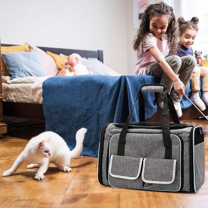 Транспортна сумка для кота PETCUTE, розширювана, з м'яким флісовим ліжком, 2 сторони відкривання, вентильована, з бічними кишенями, схвалена для перевезень авіакомпаніями (S, сірий)