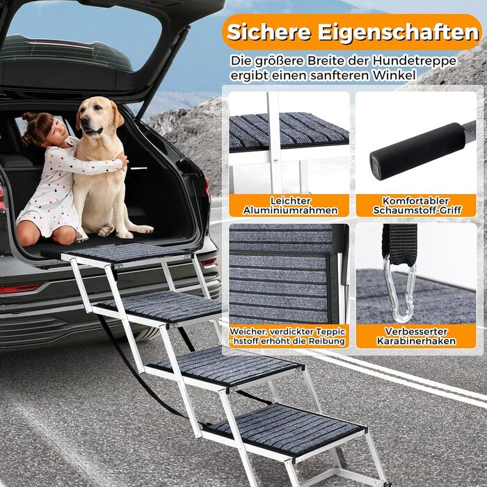 Сходинка для собак у машину: широка, 4 сходинки, з килимом, для великих собак, вантажівок та SUV (підтримка до 100 кг)