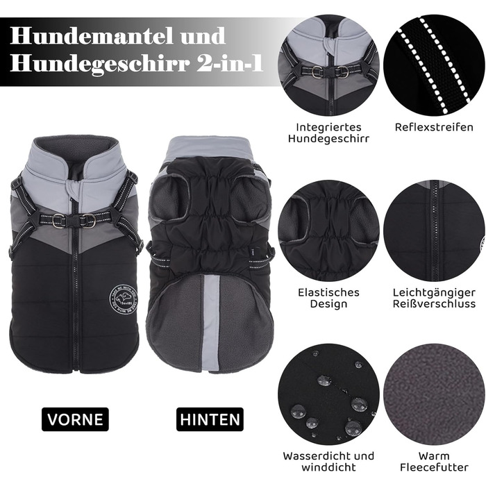 Водонепроникний зимовий теплий дощовик для собак Savlot - вітронепроникна куртка для маленьких та середніх собак з нашийником, світловідбиваючі елементи (чорний + сірий)