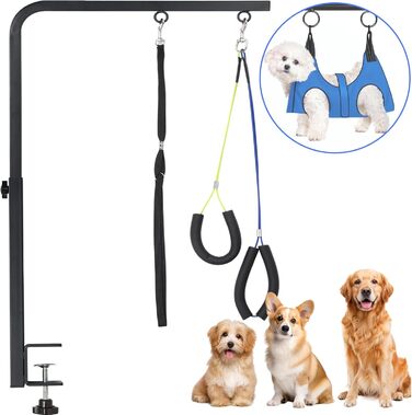Підтримка для грумінгу собак, регульована, для маленьких та середніх порід, з кліпсою, петля для грумінгу, без підтримки спини та стегна (чорний, 111,8 см, арка + міцна кліпса + гамак)