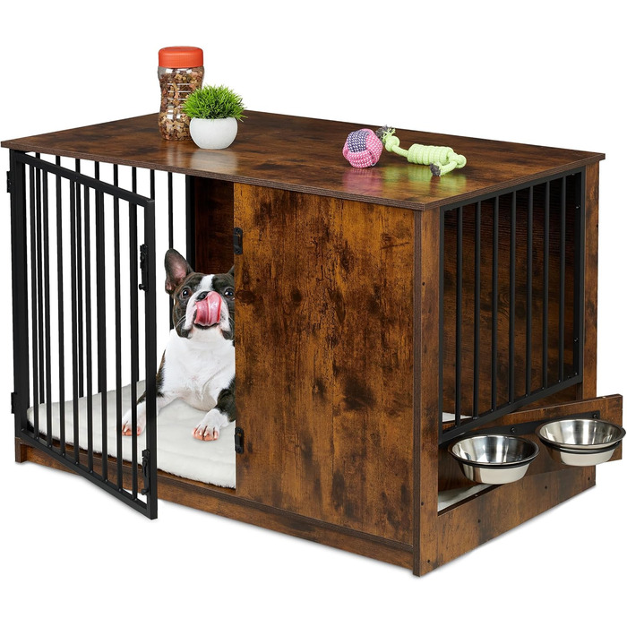 Клітка для собак Relaxdays, для дому, HBT: 65,5x102x60 см, 2 поворотні миски, собача будка з виглядом дерева, МДФ & сталь, (Коричневий/Чорний)