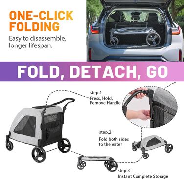 Візок для собак EchoSmile для середніх та великих собак до 70 кг, сірий, складний, з сітчастими віконцями та регульованою ручкою, 4 проходимі колеса