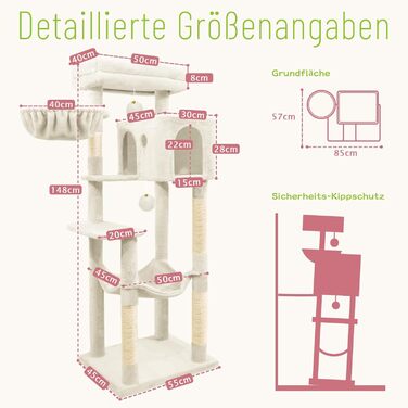 Дерев'яна кігтеточка для котів LEEJARD XXL, 148 см, з платформами, будиночком, гамаком, іграшками та захистом від перекидання, бежева