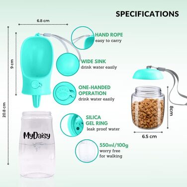 Водяна пляшка для собак на ходу 550 мл з контейнером для корму 100 г - Без витоку, велика місткість, підходить для собак та цуценят, аксесуар для собак (Синій)