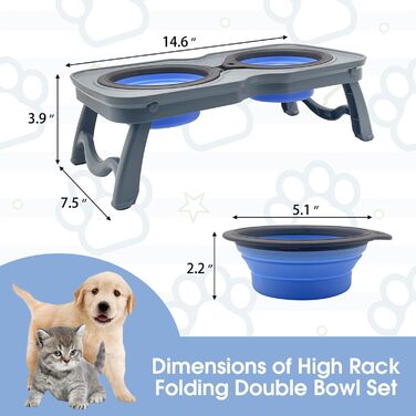 Складані годівниці для собак, 2-в-1 піднятий набір для їжі для домашніх тварин зі стійкою, портативні дорожні миски для собак та котів (Рожевий) (Блакитний)