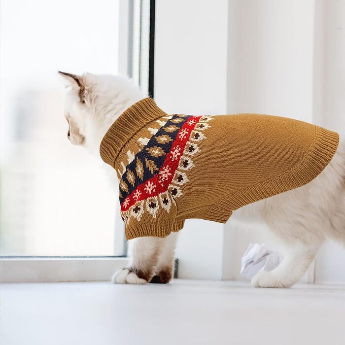 Пуловер для собак EXPAWLORER Fair Isle з візерунком Fair Isle - стильний одяг для собак, в'язана жилетка, пуловер для цуценят, теплий пуловер з коміром-стійкою для маленьких, середніх та великих собак, розмір M (бежевий, Small)