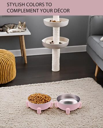 Миски для котів та собак з нержавіючої сталі, антиковзні, підняті, набір 2 шт (білі та рожеві)