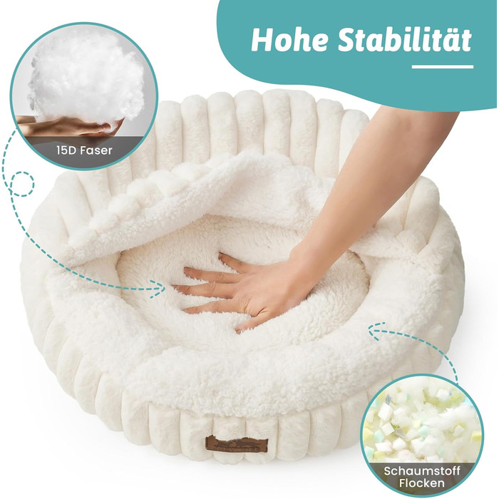 Крізьоке ліжко для собак COZY KISS з ковдрою, кругле м'яке ліжко-антистрес для собак середніх та великих порід, зручне ліжко-донат з штучним хутром та неслизьким дном (89x89x18 см, кремовий колір)