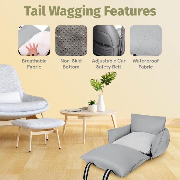 Автокрісло для собак (водостійкий бустер) з ручками та кишенями, до 13,6 кг – сірий