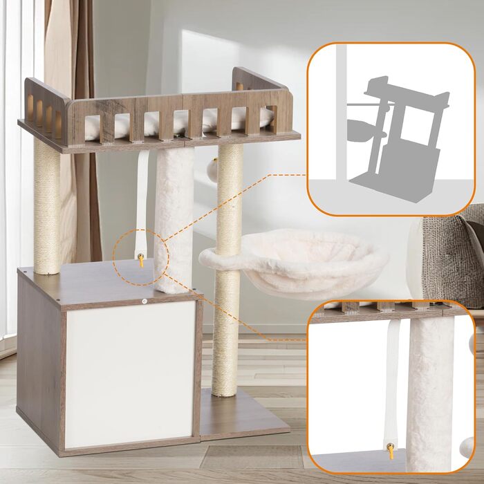 Дряпка для котів Heybly з платформою 30x50 см, когтеточка з будиночком та сизалевими стовпчиками, стабільна та безпечна для кошенят та середніх котів, колір: сіро-коричневий HCT007SSR (Greige)