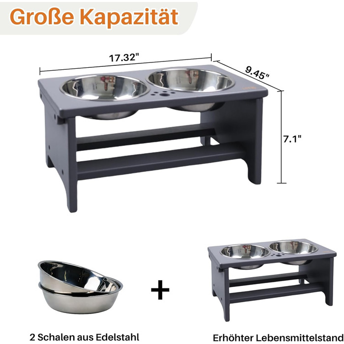 Підвищені годівниці для собак HTB, бамбук, 2 миски з нержавіючої сталі, 44x24x18 см, 18 см висота, сірий колір