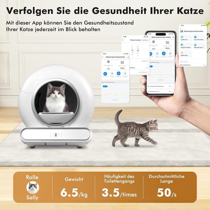 Автоматичний самоочисний лоток для котів 68L з APP-керуванням, сповіщеннями та моніторингом здоров'я, сумісний з усіма породами котів (XXL)