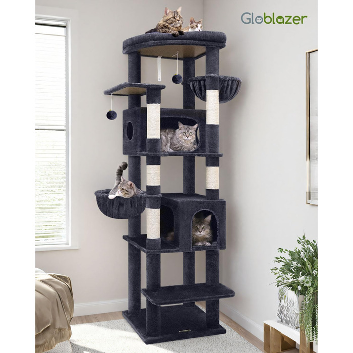 Драбина для котів Globlazer XXL, 188 см, з будиночком, платформами та кошиками. Стабільна, не перекидається, для великих котів. Темно-сірий (S74)