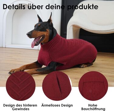 Пуловер для собак великих порід, 68 см довжина спини, в'язаний пуловер для собак, теплий матеріал, теплий одяг для домашніх тварин на зиму, пуловер для німецької доги, червоний, 4XL XXXXL
