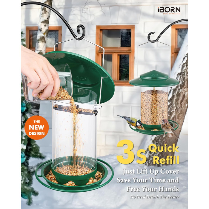 Годівниця для птахів iBorn, металева, з дахом, зелена, для цілорічного годування