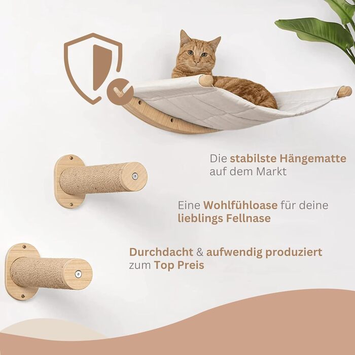 AZANO® Котяча стінка для лазіння XL з драбинкою, підвісна лежанка та ліжко для котів з натурального дерева, 3-в-1, міцна конструкція