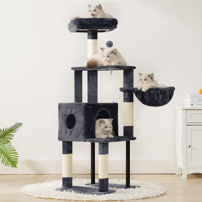 Котячий будиночок Heybly Kratzbaum HCT200SW: зручний когтетоп з будиночком, стійка конструкція, 125 см (димно-сірий)