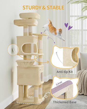 Драбина-кіготь для котів Hzuaneri, 159 см, 8 стовпчиків, 3 платформи, 2 печери, кошик, м'ячики, мотузка, підходить для котів різних розмірів, бежевий MS15918YL L (50 x 40 x 159 см)