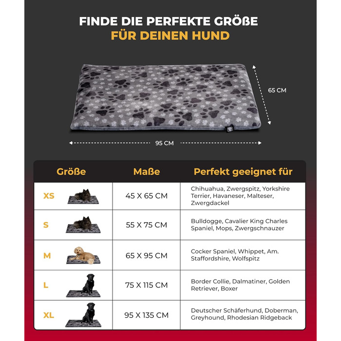 HS-Hundebett® Лежак для собак середній 65x95 см, двосторонній, м'який, 3 см наповнювач, для дивану, авто та переноски, сірий з лапкою, вироблено в Німеччині