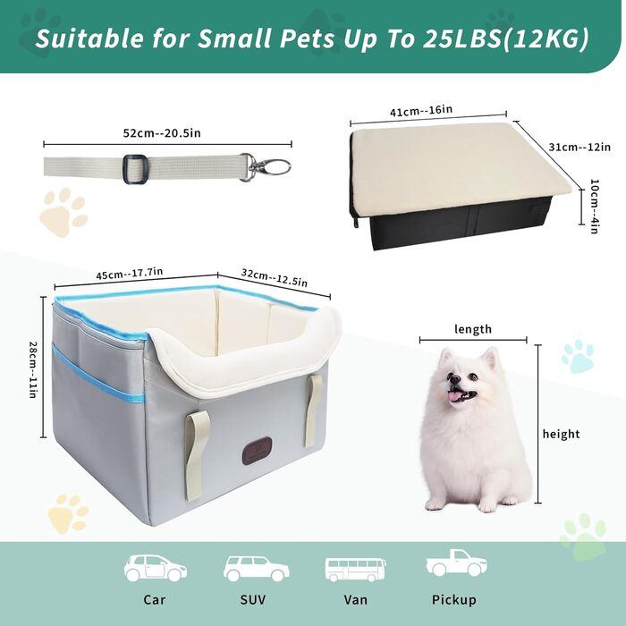 Автокрісло для собак, кошик для собак у машину, водовідштовхувальне, складане з фіксатором, для маленьких собак до 8 кг, на передні та задні сидіння (світло-сіре)