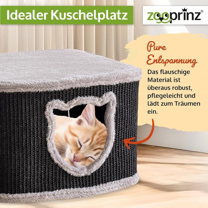 Преміум котячий будиночок Zooprinz – котячий кошик для кота – з товстими сизалевими стінами – печеринка з м'яким плюшем та іграшкою – котячий будиночок у скандинавському стилі (чорний)