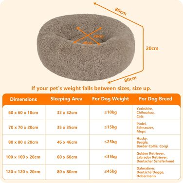 Ортопедичне ліжко для собак, круглий лежак, софа для собак та котів, донат, м'який кошик для собак, прання, 80 см Ø, верблюжий колір, розмір 80 x 80 x 20 см, верблюжий колір