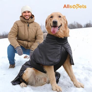 Зимовий теплий одяг для собак ALLSOPETS з відбиваючими елементами, чорного кольору, розмір 2XL. Вітронепроникна куртка для великих та середніх собак з регульованим поясом та кільцем для повідка.