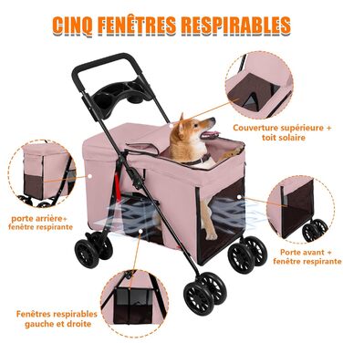 Дитяча коляска для тварин Homewell, рожева, до 20 кг, з сіткою, ременями та тримачем для напоїв