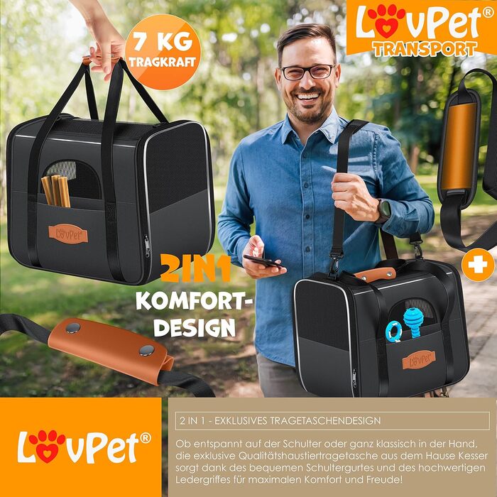 LOVPET® Сумка-переноска для собак і котів 2-в-1, транспортна коробка з подушкою, 3 рулони пакетів і миска, 44×31×36 см, сумка для перевезення домашніх тварин