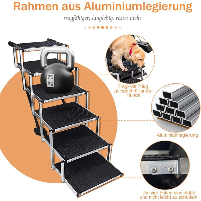 Східці для собак у машину, 6 ступенів, 70 кг, складані, для великих собак та літніх тварин, алюмінієва рамка - для вантажівок та SUV