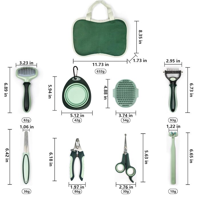 Набір для догляду за шерстю тварин, 8 предметів: щітка від випадіння шерсті, для матового хутра, самоочисна, гребінець від бліх, мікрощітка для внутрішніх ділянок, щітка для чищення зубів котів, складані годівниці для собак