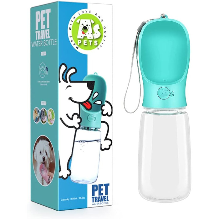 Портативна пляшка для води для собак AS Pets, 550 мл, годівниця для тварин, вилка для води, підходить для прогулянок, антибактеріальна, не протікає, синій колір