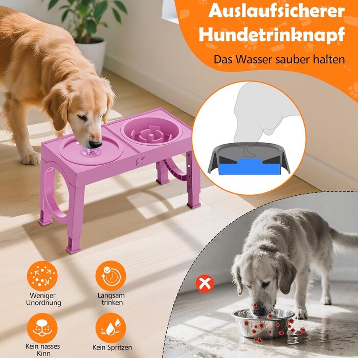 Набір мисок для собак X XBEN 3-в-1: миска для води з захистом від пролиття 1.4L, миска від захлистування 1L, годівниця з 5 рівнями регулювання висоти для середніх та великих собак, нековзна годівниця, рожевий колір