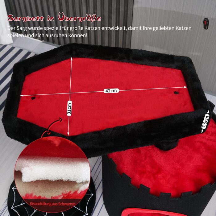 Готичний котячий комплекс з ліжком-саркофагом, чорний котячий оазис для Хелловіну, готичні меблі для котів (компактний)