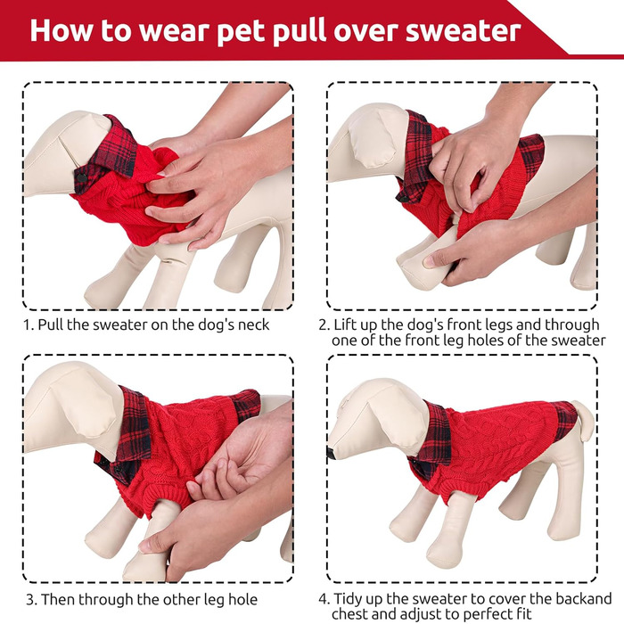 Теплий собачий светр у клітинку з коміром-горловиною та отворами для повідка – зимовий одяг для собак маленьких, середніх та великих порід. Светр для котів на Різдво, червоний, розмір M, червоний