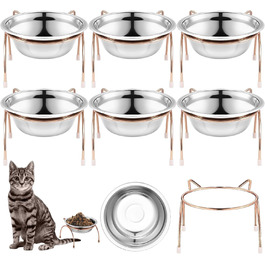 Набір з 6 піднятих мисок для котів, 14 см, нержавіюча сталь, миски для котів з металевим підставкою, без стресу, для вусів, піднята годівниця та миска для води для котів, кошенят, маленьких собак, 340 мл