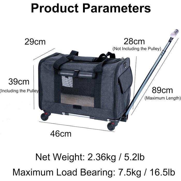 Транспортувальна сумка для домашніх тварин: собак та котів середніх та малих порід. Переноска для подорожей з телескопічним ручками та знімними колесами. Колір: темно-сірий